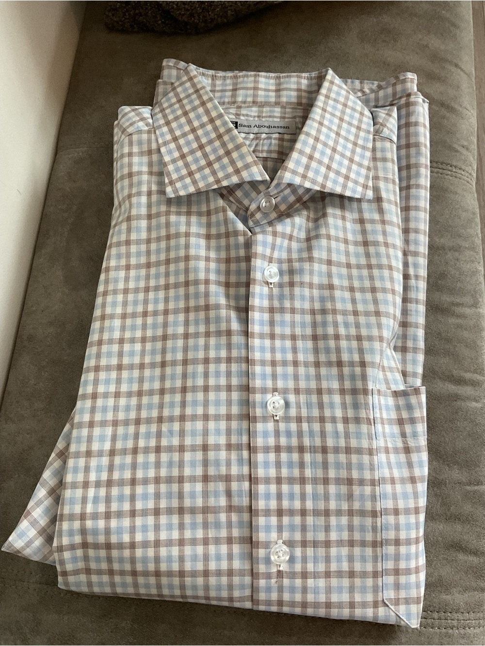 Sam Aboudhassan Custom Fitted Plaid Long-Sleeve Dress Shirt in Light Blue & Tan